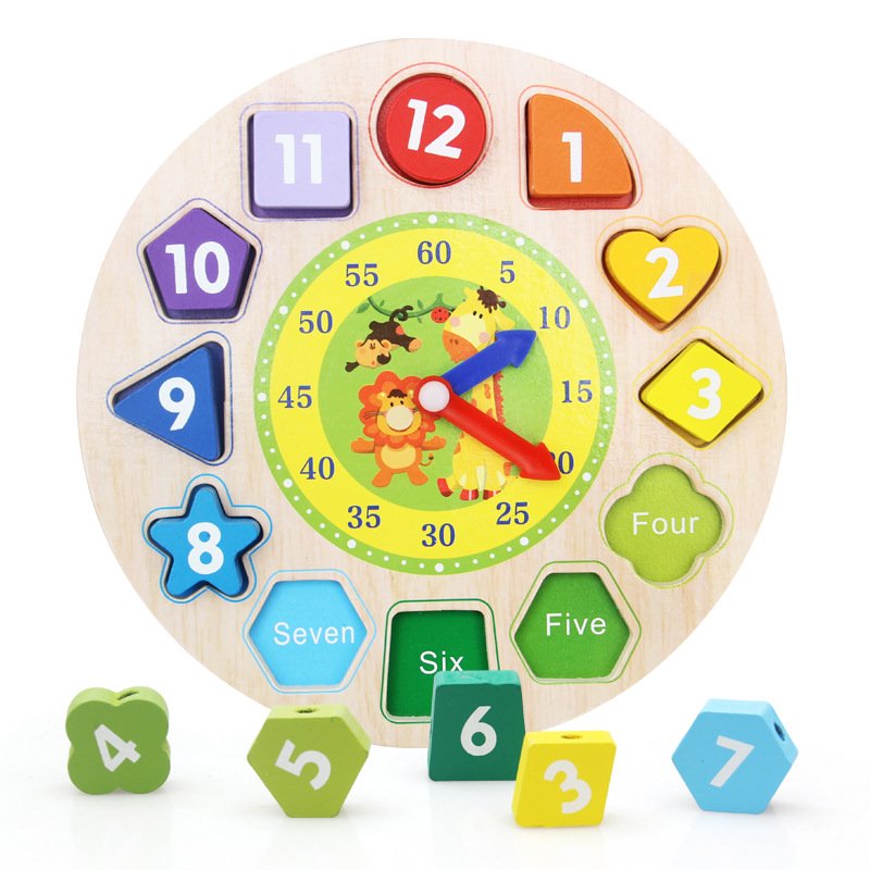 Wooden Shape Colour Clock Puzzle & Time Sorting Number Blocks