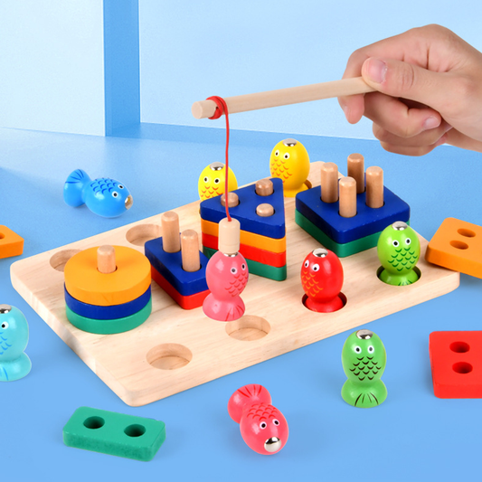 Montessori Three-in-One Wooden block fishing and Shape matching