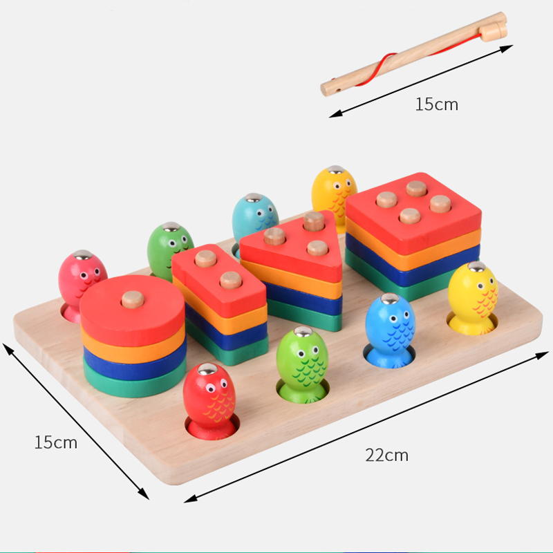 Montessori Three-in-One Wooden block fishing and Shape matching